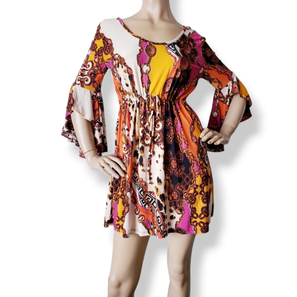 Baroque Print Multicolor Jersey Knit Dress By Pink Polkadot Size Small